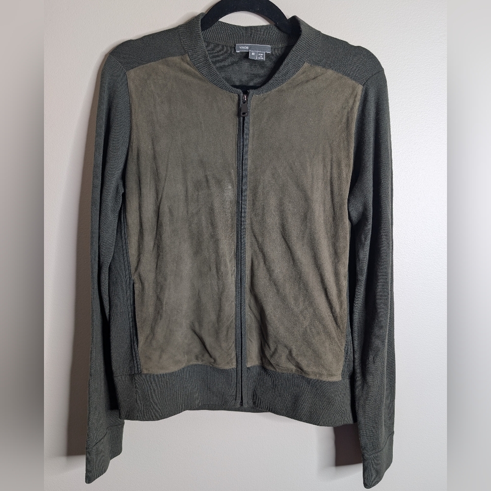 Vince suede-front wool knit full-zip jacket cardigan M